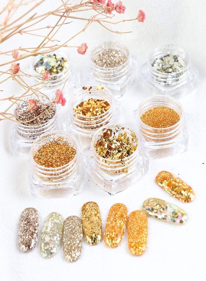YKZFUI Holographic Glitter Sequins 3D Acrylic Nails Powder - Laser Dust Gold Silver Nail Art Supplies - Foil Flakes For Art Decoration - Sparkle Dust - 8 Boxes - Image 4