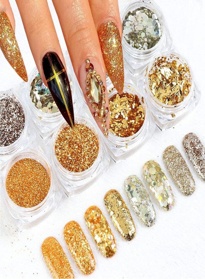 YKZFUI Holographic Glitter Sequins 3D Acrylic Nails Powder - Laser Dust Gold Silver Nail Art Supplies - Foil Flakes For Art Decoration - Sparkle Dust - 8 Boxes - Image 1