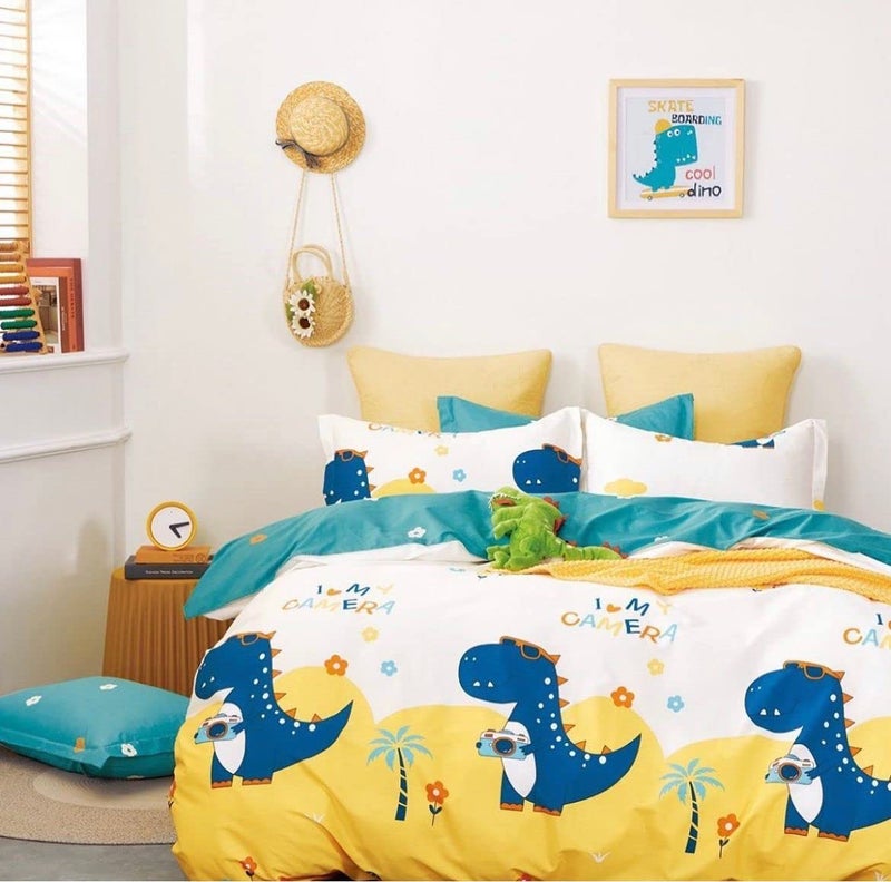 Gleeson 300 Tc Kids Elastic Fitted Bedsheet,Dinosaur Animals Printed Bedsheet,Bedsheets for Girls|Boys,King Size Bedsheet Cartoon,Bedsheets for Double Bed with 2 Pillow Covers (72 x 78 x 8 Inch) - Image 1