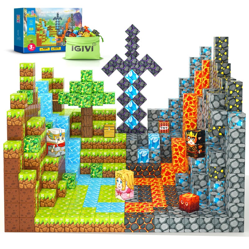 IGIVI Magnetic Blocks Build Mine Magnet World Lava Valley Set 1 Magnetic Cube Building Toys for Kids Ages 3 Montessori Sensory Toys for Toddlers Creative Game Themed Toy Gifts for Boys Girls - Image 2