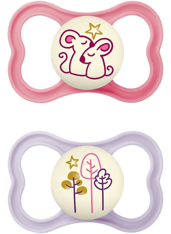 MAM MAM Air Night Baby Pacifier, for Sensitive Skin, Glows in The Dark, 2 Pack, 6-16 Months, Girl, Designs May Vary  - Image 1