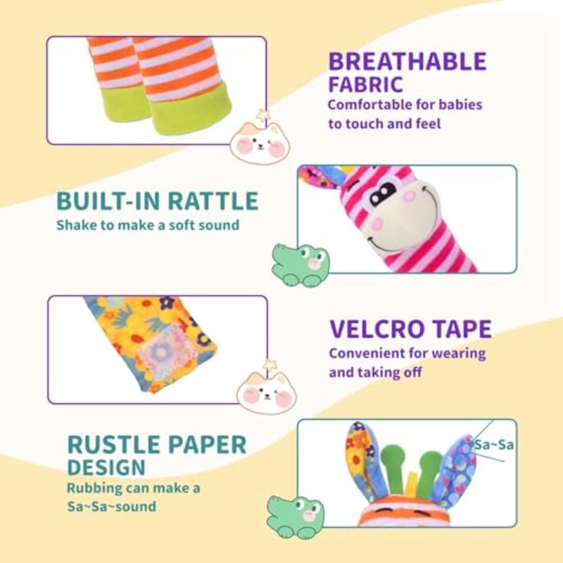 YLMKDE Wrist Rattles and Socks Set - Soft Sensory Toys for Babies, Cartoon Animal Early Development Toy - Shower Gift for Newborn Infant Boy Girl 0 to 3 Years Old - Image 5