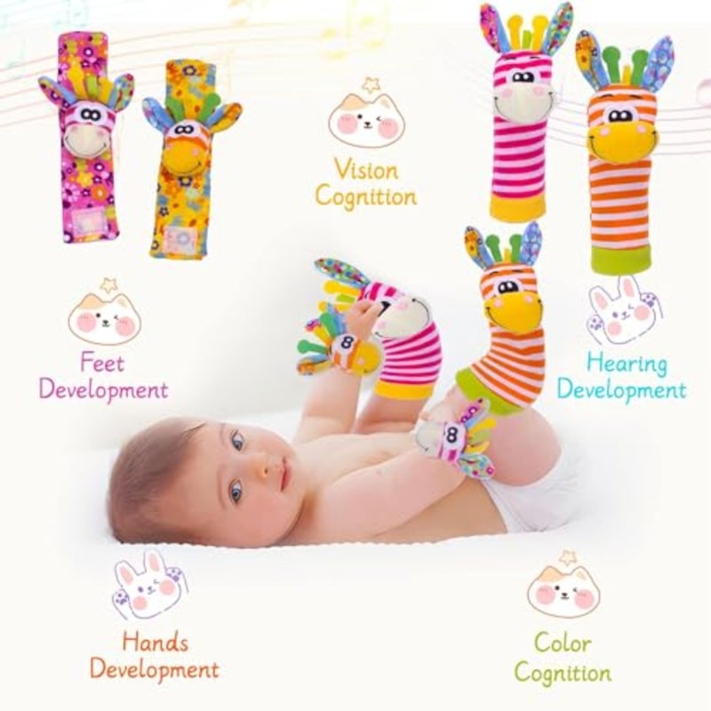 YLMKDE Wrist Rattles and Socks Set - Soft Sensory Toys for Babies, Cartoon Animal Early Development Toy - Shower Gift for Newborn Infant Boy Girl 0 to 3 Years Old - Image 4