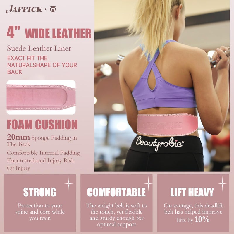 Jaffick Weight Lifting Belt For Ladies (4"" Wide) - 100% Pink Leather Gym Belts Lower Waist Back Support For Women Men Fitness Squat Deadlift Heavy Duty Cross Training Gym Powerlifting Workout - Image 3