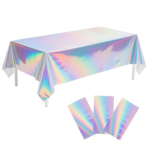 Childom 3 Pack Iridescent Tablecloth,54" x 108" Birthday Party Tablecloths Iridescence Plastic Disposable Table Covers Iridescent Party Decorations,Plastic Tablecloth for Buffet Table,Birthday Decors - Image 1