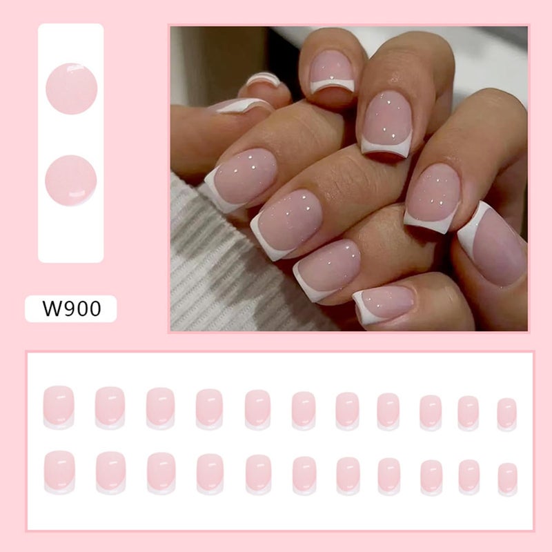 Vopintpy White French Tip Press on Nails Short Square Fake Nails Glossy Pink False Nails with Glue on Nails Reusable Full Cover Stick on Nails Acrylic Artificial Nails for Women DIY Nails Art Decoration - Image 2