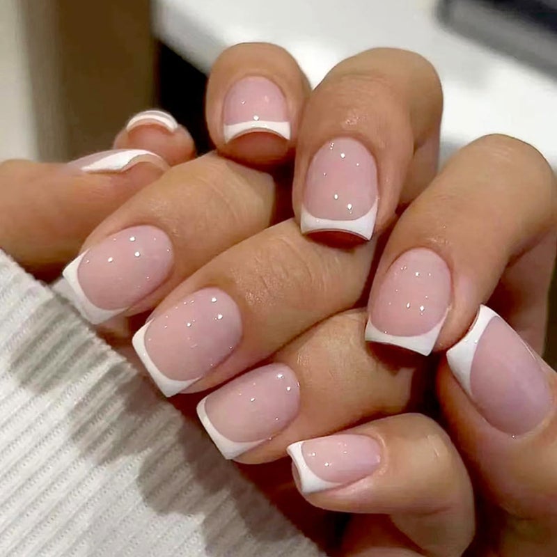 Vopintpy White French Tip Press on Nails Short Square Fake Nails Glossy Pink False Nails with Glue on Nails Reusable Full Cover Stick on Nails Acrylic Artificial Nails for Women DIY Nails Art Decoration - Image 1