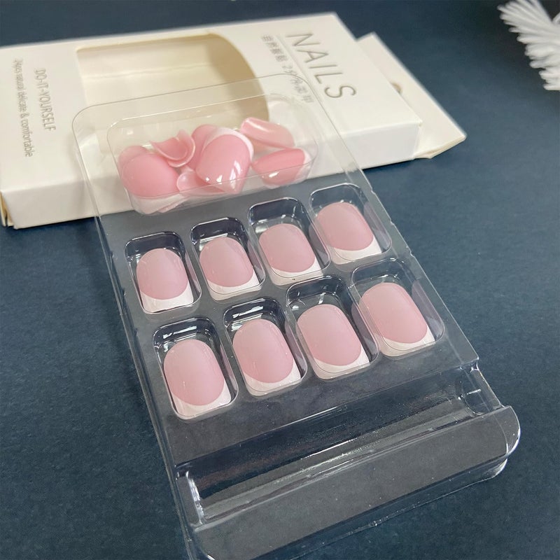 Vopintpy White French Tip Press on Nails Short Square Fake Nails Glossy Pink False Nails with Glue on Nails Reusable Full Cover Stick on Nails Acrylic Artificial Nails for Women DIY Nails Art Decoration - Image 4