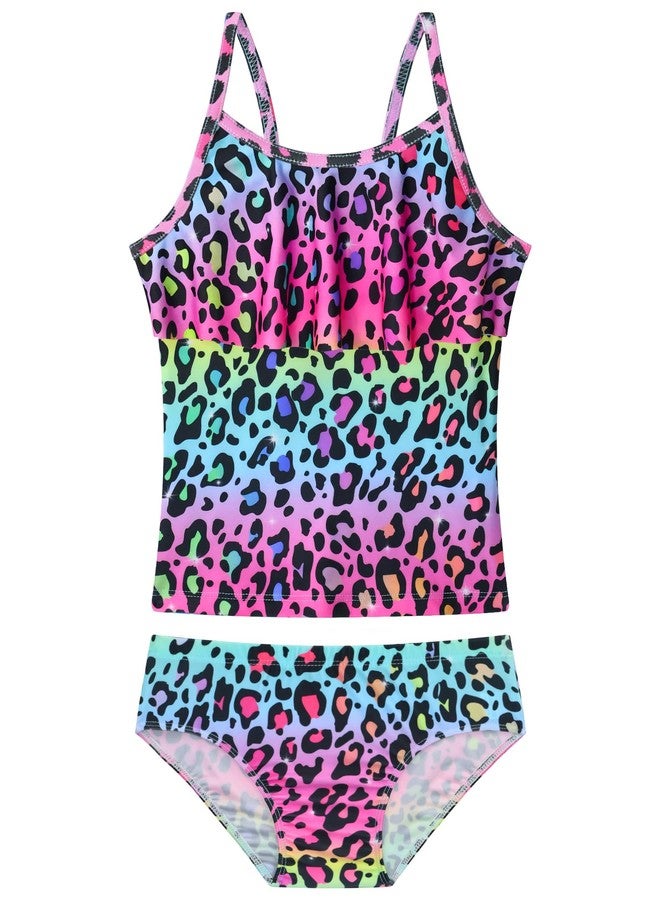 Nokecina طقم سباحة نوكسينا للبنات، مقاس 4T و5T، بنقشة قوس قزح ونقشة جلد النمر، قطعتين، بدون أكمام، بياقة مكشكشة، سريع الجفاف - Image 1