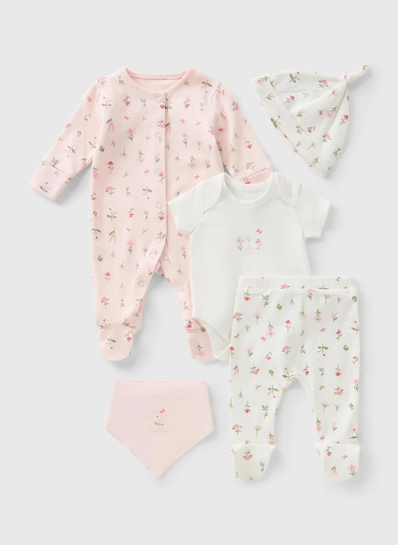 Matalan 5 Piece Baby Pink Floral Sleepsuit and Bodysuit Set
