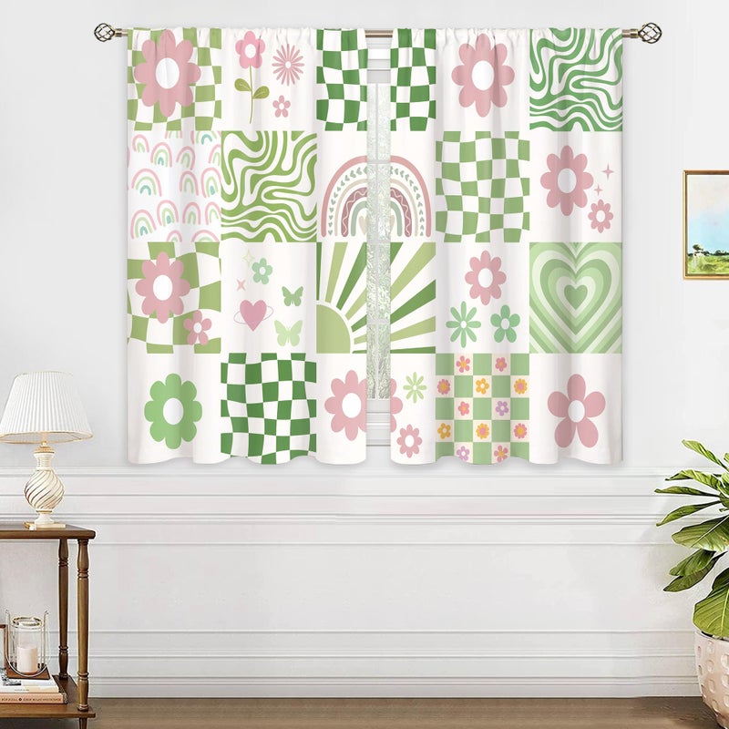 Oolygoo 70s Retro Cute Green Pink Flower Small Kitchen Curtains Checkered Groovy Window Treatment Funky Rod Pocket Cafe Short Window Curtains for Bathroom Dining Room Tier Treatment Drape 27.5x39 inch - Image 4