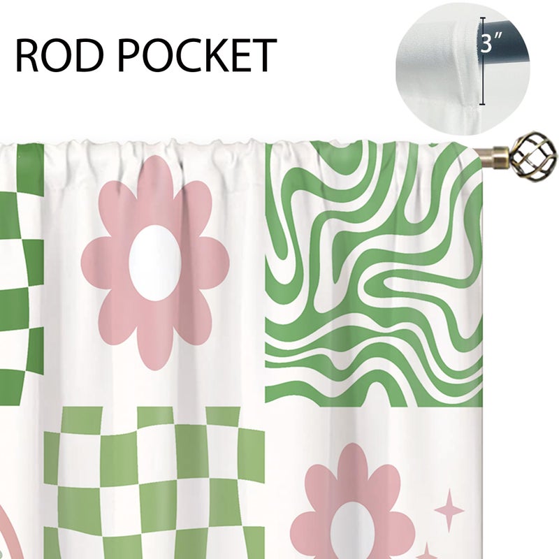 Oolygoo 70s Retro Cute Green Pink Flower Small Kitchen Curtains Checkered Groovy Window Treatment Funky Rod Pocket Cafe Short Window Curtains for Bathroom Dining Room Tier Treatment Drape 27.5x39 inch - Image 5