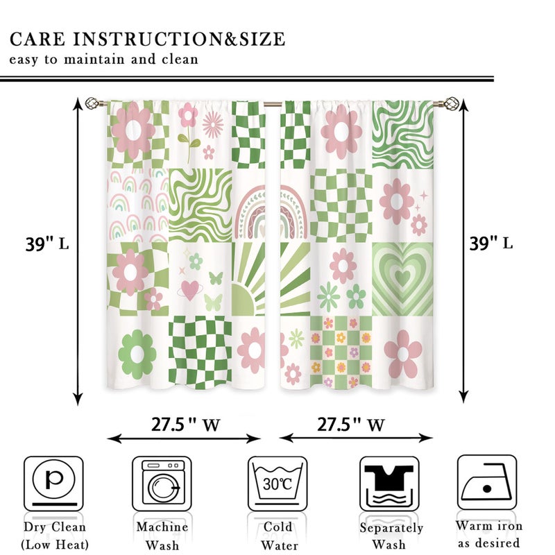 Oolygoo 70s Retro Cute Green Pink Flower Small Kitchen Curtains Checkered Groovy Window Treatment Funky Rod Pocket Cafe Short Window Curtains for Bathroom Dining Room Tier Treatment Drape 27.5x39 inch - Image 2