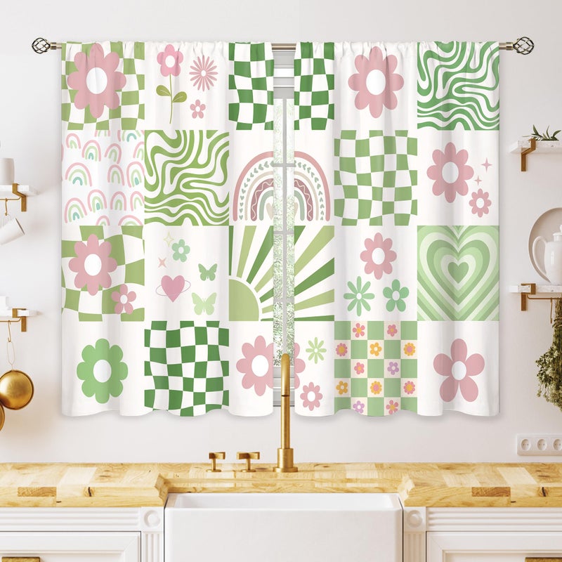Oolygoo 70s Retro Cute Green Pink Flower Small Kitchen Curtains Checkered Groovy Window Treatment Funky Rod Pocket Cafe Short Window Curtains for Bathroom Dining Room Tier Treatment Drape 27.5x39 inch - Image 1