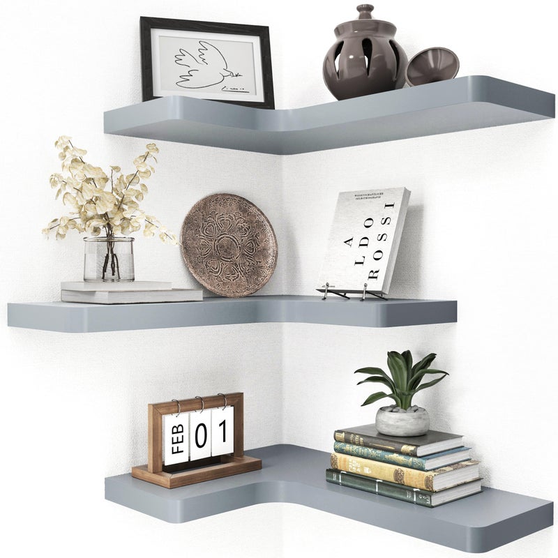 fuqing Corner Floating Shelves Wall Shelf Set of 3 Shelves for Wall Storage Solid Wood Shelves for Storage Wall Mount Wooden Display Shelf for Bathroom Bedroom Kitchen Garage Dark Grey