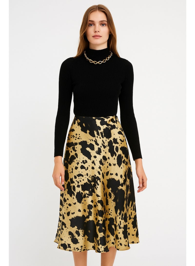 شوفالير للأزياء تنورة ميدي بطبعة أنمال برنت من البوليستر – قصة A-Line أنيقة - Image 1