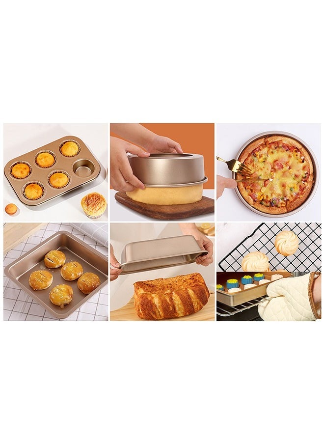 Arabest 5 PCS Nonstick Bakeware Set,  Baking Pans Set- Pizza Tray, Round/Square Pans, Loaf Pan, 6-Cup Muffin Pan Carbon Steel Baking Trays Oven Trays for Bakers Beginners with Rack and  Cotton Glove ( Gold) - Image 5