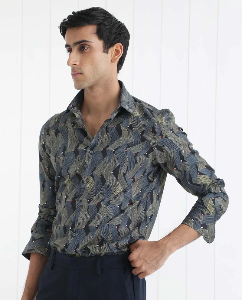 Rare Rabbit Rare Rabbit Men's Nant Black Cotton Viscose Fabric Geometric Print Full Sleeves Shirt