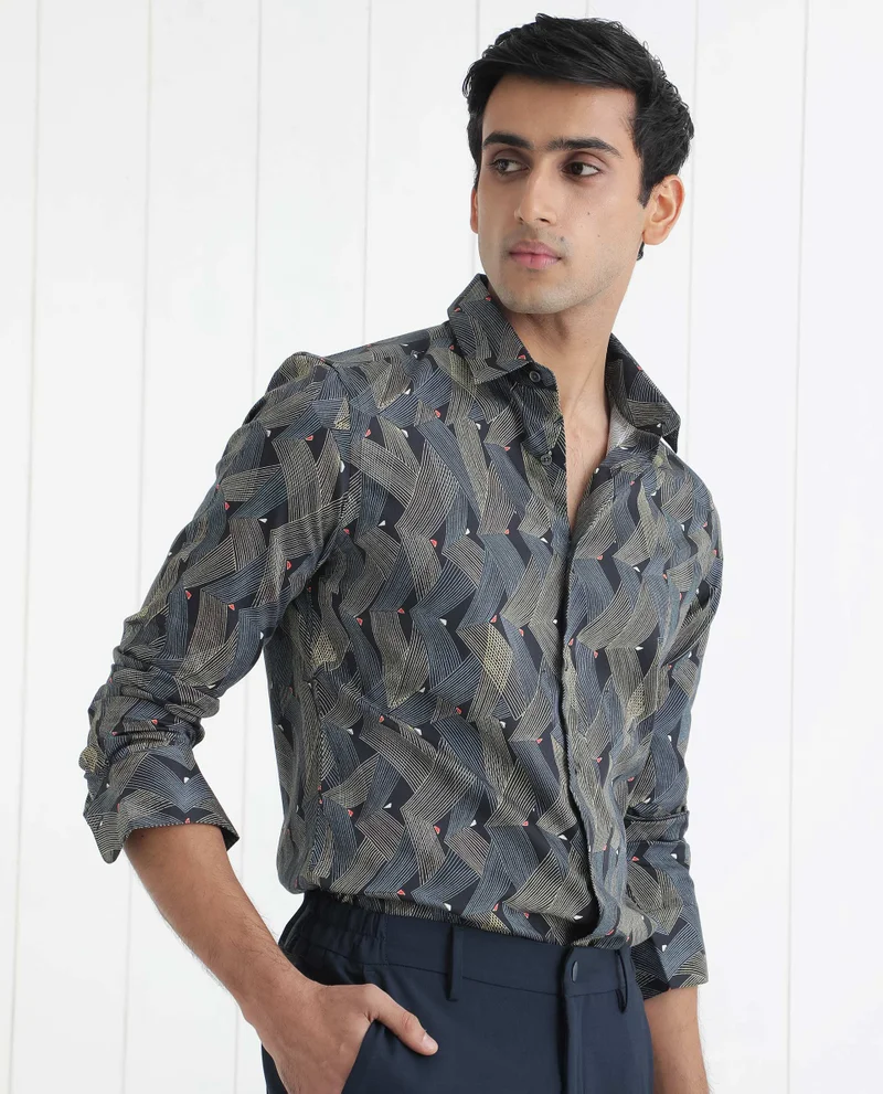 Rare Rabbit Rare Rabbit Men's Nant Black Cotton Viscose Fabric Geometric Print Full Sleeves Shirt