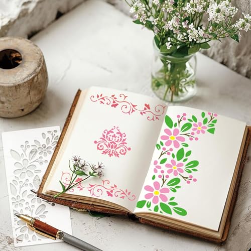 Yhliua Floral Stencils For Crafts, Texture Leaf Background Stencils For Painting On Wood Reusable Border Art Paint Stencils And Patterns For Wall Scrapbook Cookie Canvas Furniture(Floral) - Image 5