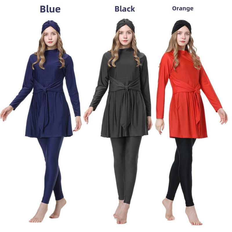 2022 New Muslim Swimwear Anti-UV Three-Piece Set L005 Blue - Image 4