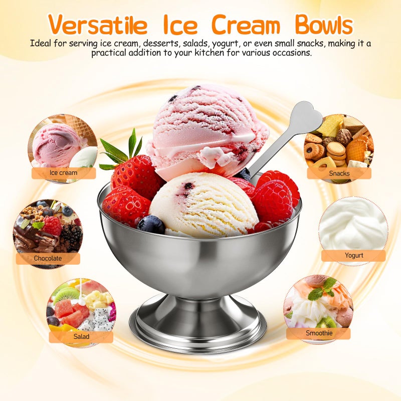 DEARMAMY 4 Pcs Stainless Steel Dessert Cup, 5.5oz Ice Cream Footed Bowls with Forks Silver Serving Bowls Mini Desserts Bowls for Sundae Fruit Ice Cream Pudding Small Snacks Sauce, Dishwasher Safety - Image 4