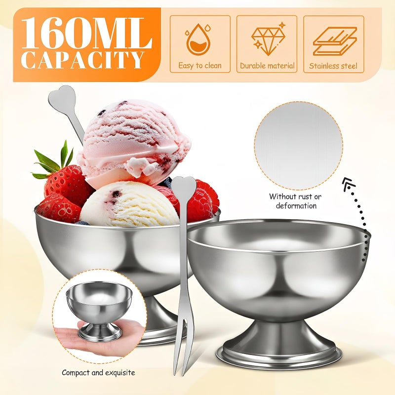 DEARMAMY 4 Pcs Stainless Steel Dessert Cup, 5.5oz Ice Cream Footed Bowls with Forks Silver Serving Bowls Mini Desserts Bowls for Sundae Fruit Ice Cream Pudding Small Snacks Sauce, Dishwasher Safety - Image 3