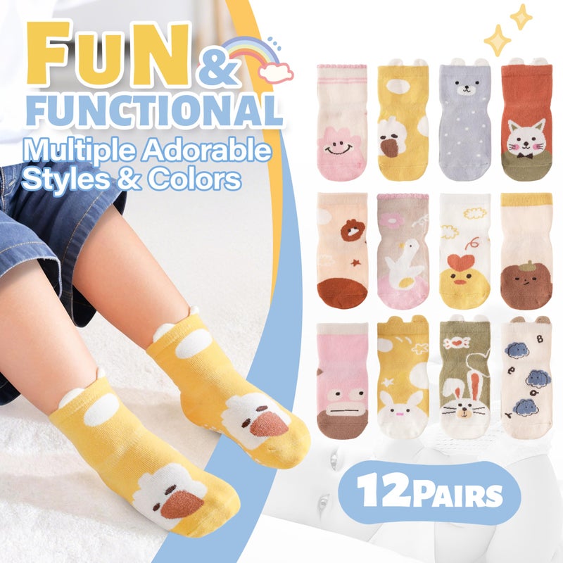 ANTSANG 12 Pairs Baby Girls Boys Toddlers Kids Grips Socks Crew Cotton Non-Slip/Anti-Skid Grips Socks(Fun Animal,3-5T) - Image 3