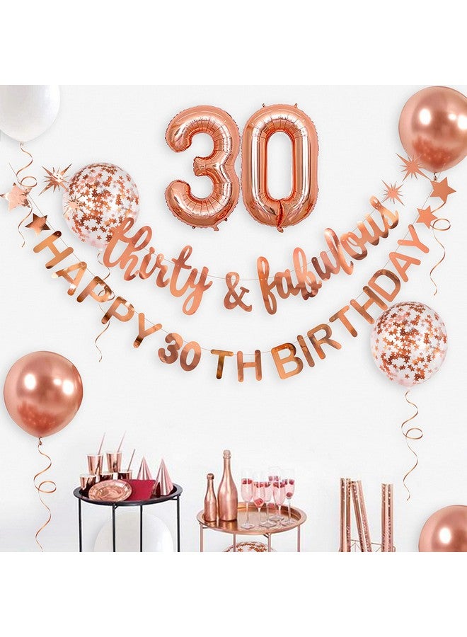 بينك بلوم لافتة عيد ميلاد سعيد 30 من الذهب الوردي مع إكليل من ورق القصدير 30 للسيدات لتزيين أعياد الميلاد الثلاثين 30 ورائعة وخلفية لوازم حفلات 30 واحتفالات 30 عامًا - Image 5