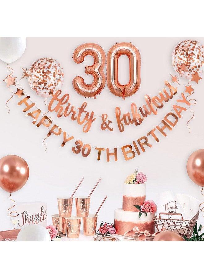 بينك بلوم لافتة عيد ميلاد سعيد 30 من الذهب الوردي مع إكليل من ورق القصدير 30 للسيدات لتزيين أعياد الميلاد الثلاثين 30 ورائعة وخلفية لوازم حفلات 30 واحتفالات 30 عامًا - Image 3