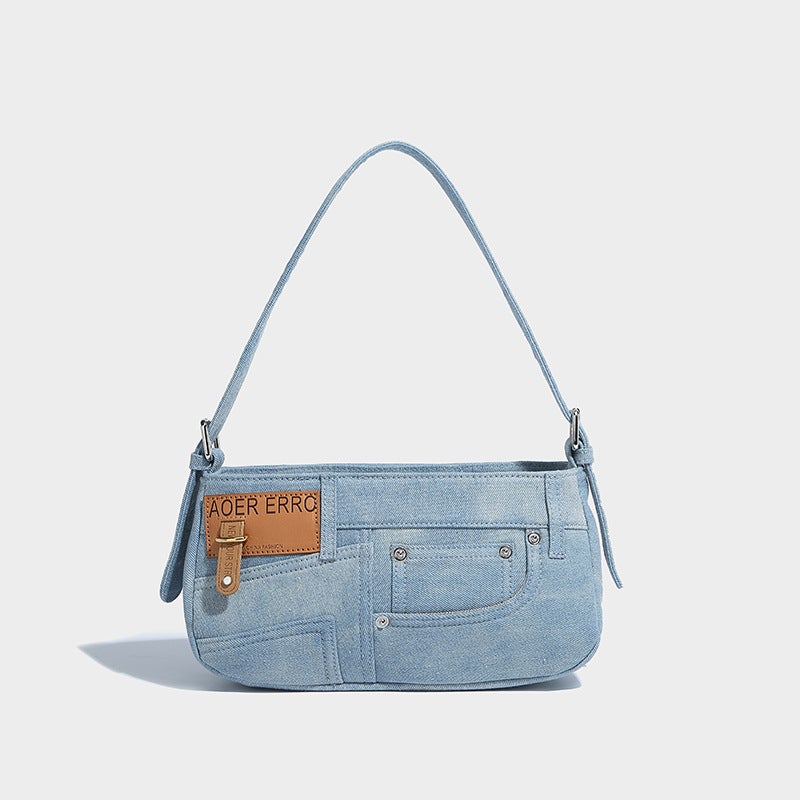 Original Design Denim Underarm Baguette Bag 2025 Spring New Fashion Niche Stitching Shoulder Messenger Bag - Image 3