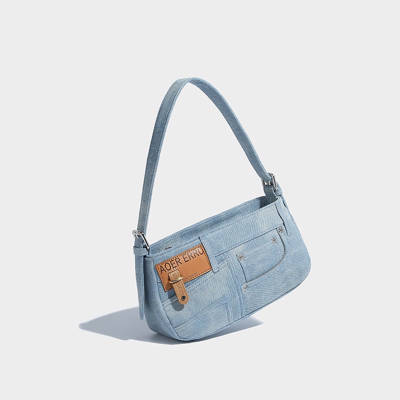 Original Design Denim Underarm Baguette Bag 2025 Spring New Fashion Niche Stitching Shoulder Messenger Bag - Image 4