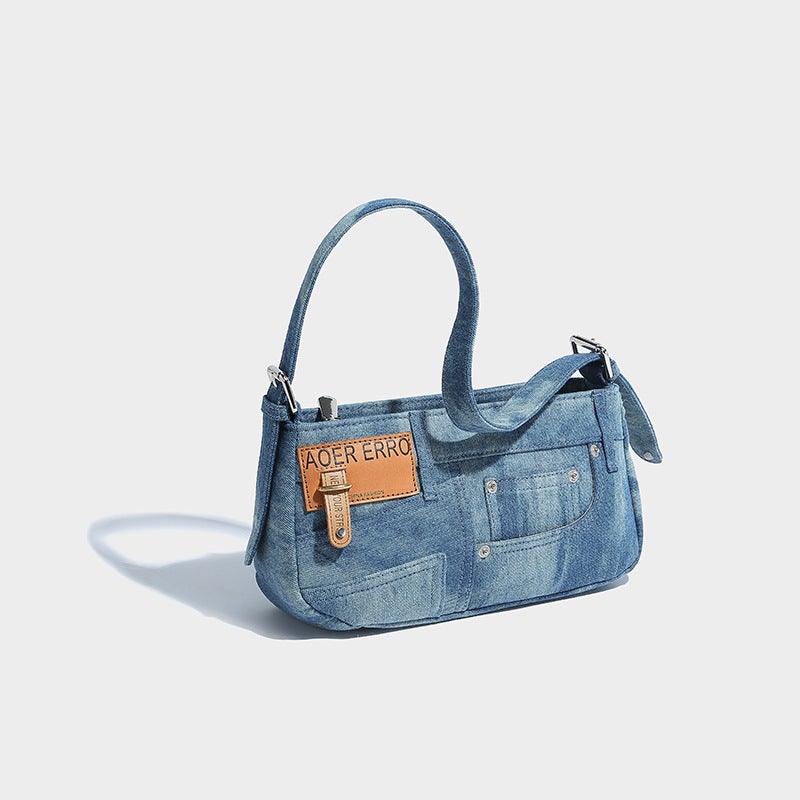 Original Design Denim Underarm Baguette Bag 2025 Spring New Fashion Niche Stitching Shoulder Messenger Bag - Image 2