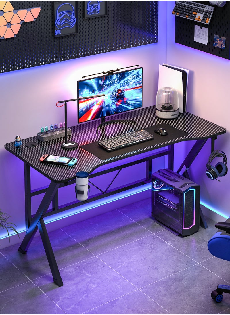 Lafulaifu Carbon Fiber Surface Gaming Desk K-Shaped  Office Desk with 2 Cable Holes, Writing Desk with Cup Holder for Gamers  - Image 1