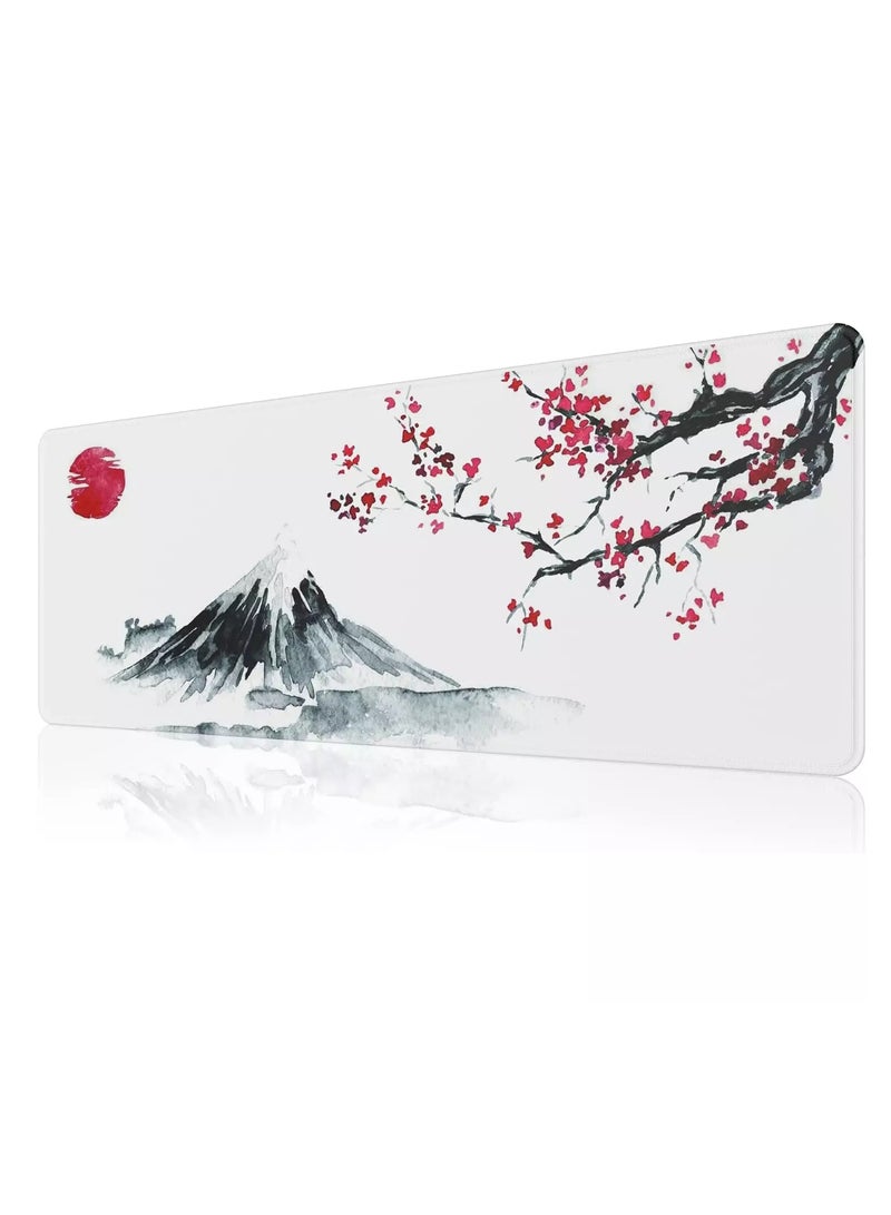 Japanese Cherry Blossom Design White Mouse Pad, Large Extended Mouse Pad for Office with Stitched Edges and Non-Slip Rubber Base, XL Gaming Mouse Pad ( 70x30x2mm ) - Image 1