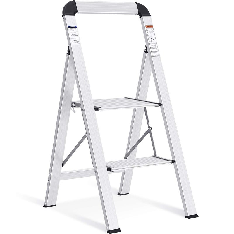 KINGRACK Aluminium 2 Step Ladder Lightweight Step Stool with NonSlip Pedals Handrail 330LBS Foldable Step Ladder for Kitchen Garage Home Space Saving Sturdy and Portable Silver