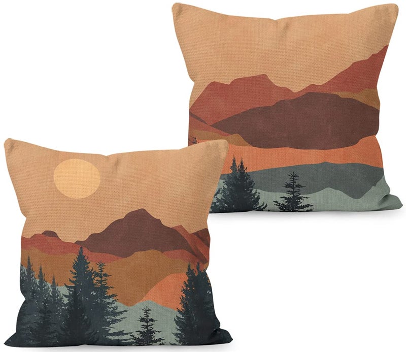 Liosei Boho Throw Pillow Covers  Mountain Nature Landscape Forest Linen 18 x 18 Set of 2 for Bed Home Room Sofa Decorations