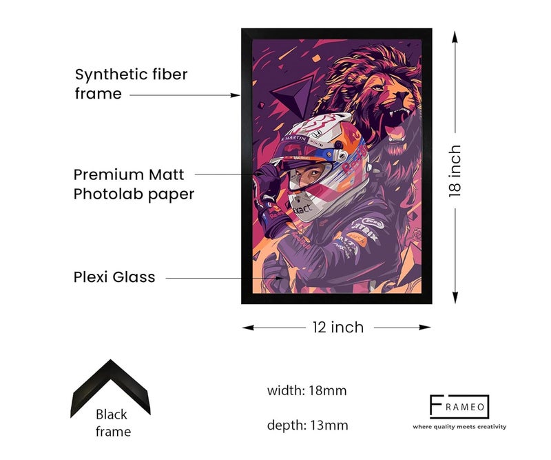 FRAMEO STORE Max Verstappen Poster Glass frame Max Verstappen Unleash the Lion Wall Art A3 size 12 X 18 Inches - Image 4