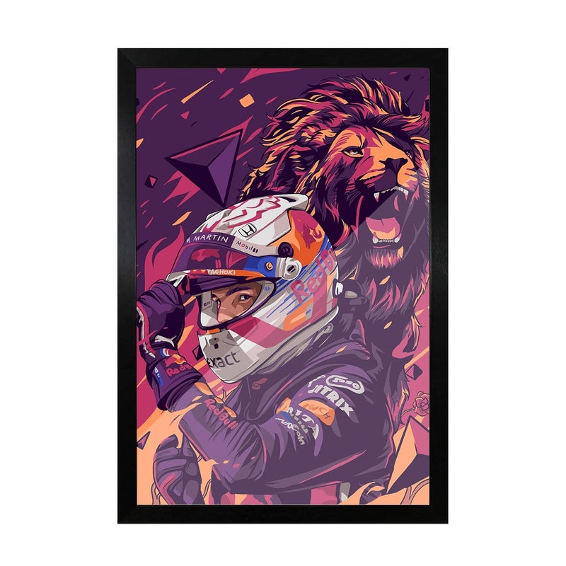 FRAMEO STORE Max Verstappen Poster Glass frame Max Verstappen Unleash the Lion Wall Art A3 size 12 X 18 Inches - Image 1
