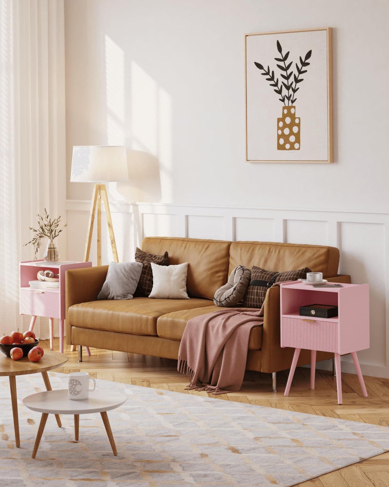 JOONEE Nightstand,Modern Bedside Table with Storage Drawer and Open Wood Shelf, for Living Room, Bedroom and Small Spaces, Accent Night Stand with Solid Wood Legs, Easy Assembly,Classic Pink - Image 3