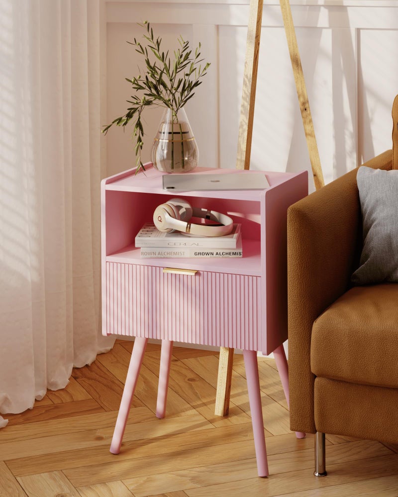 JOONEE Nightstand,Modern Bedside Table with Storage Drawer and Open Wood Shelf, for Living Room, Bedroom and Small Spaces, Accent Night Stand with Solid Wood Legs, Easy Assembly,Classic Pink - Image 5