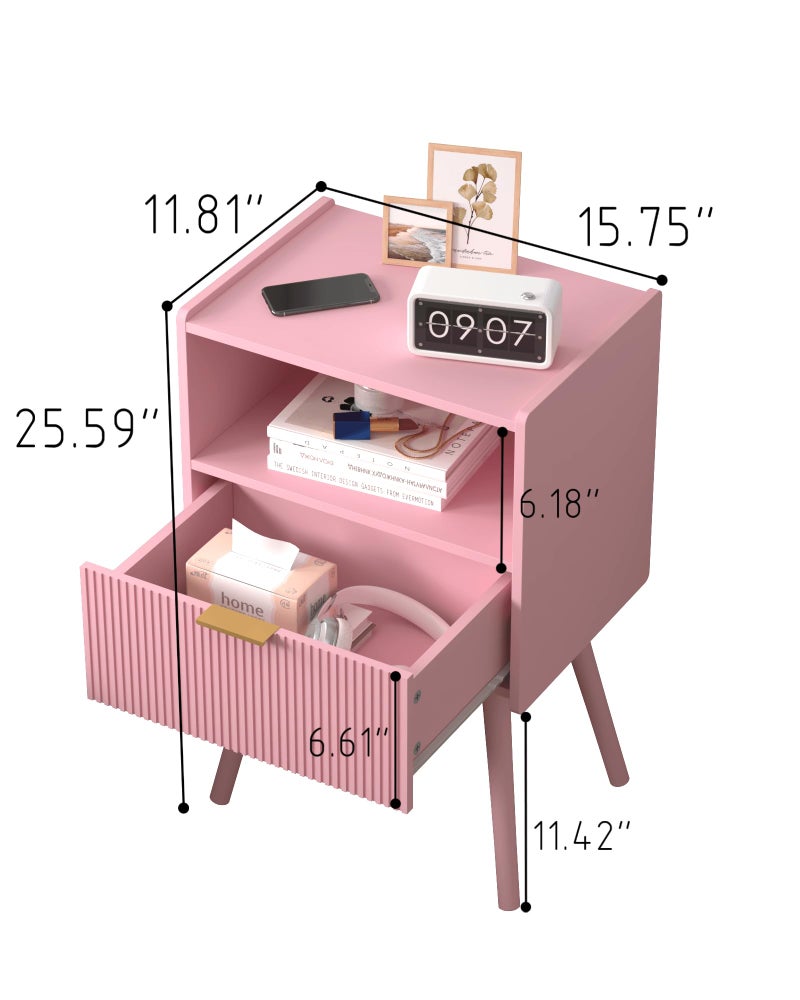JOONEE Nightstand,Modern Bedside Table with Storage Drawer and Open Wood Shelf, for Living Room, Bedroom and Small Spaces, Accent Night Stand with Solid Wood Legs, Easy Assembly,Classic Pink - Image 2