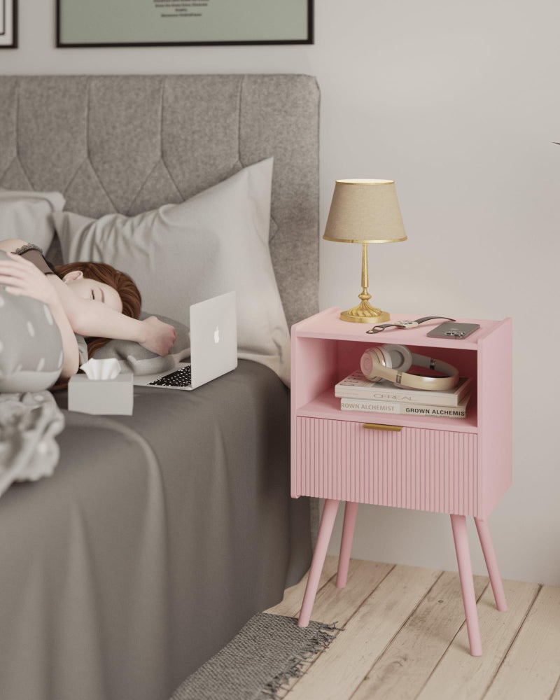 JOONEE Nightstand,Modern Bedside Table with Storage Drawer and Open Wood Shelf, for Living Room, Bedroom and Small Spaces, Accent Night Stand with Solid Wood Legs, Easy Assembly,Classic Pink - Image 4