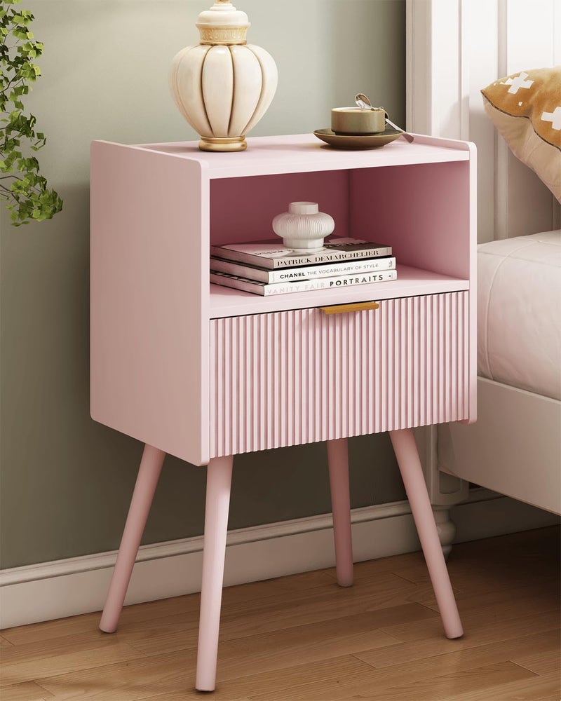 JOONEE Nightstand,Modern Bedside Table with Storage Drawer and Open Wood Shelf, for Living Room, Bedroom and Small Spaces, Accent Night Stand with Solid Wood Legs, Easy Assembly,Classic Pink - Image 1