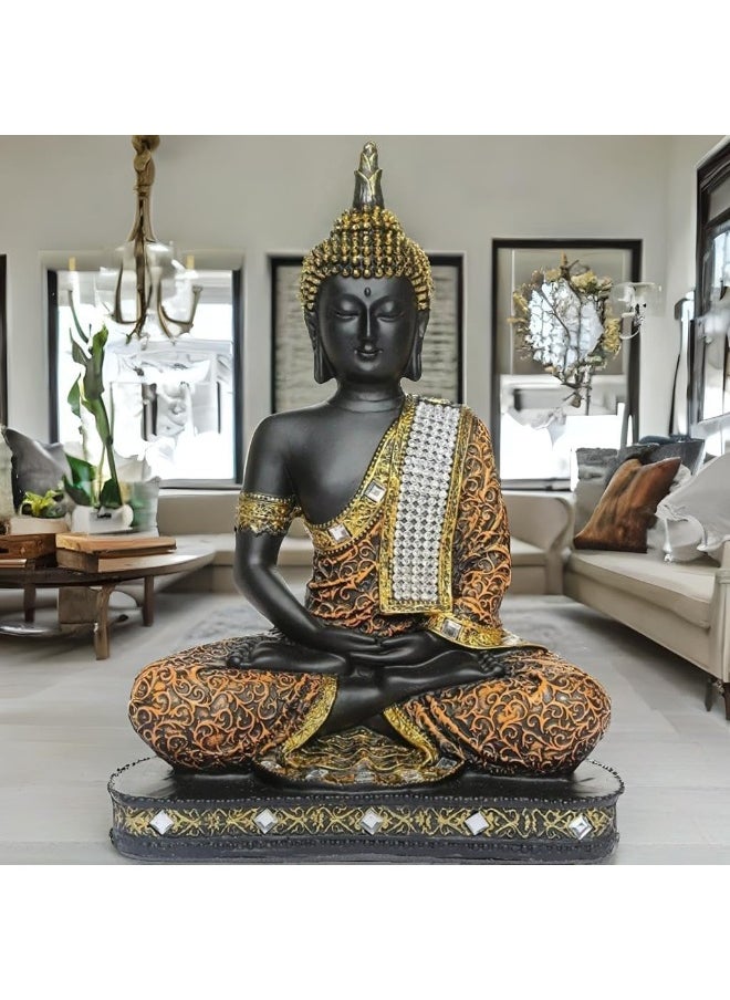 Global Grabbers Sitting Buddha Idol Statue Showpiece (Orange And Black)