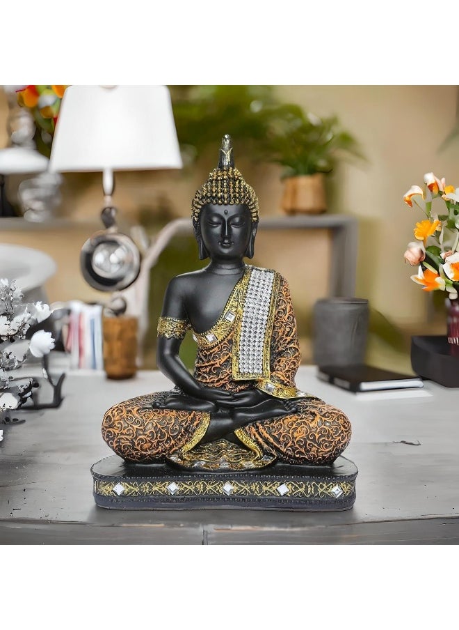 Global Grabbers Sitting Buddha Idol Statue Showpiece (Orange And Black)