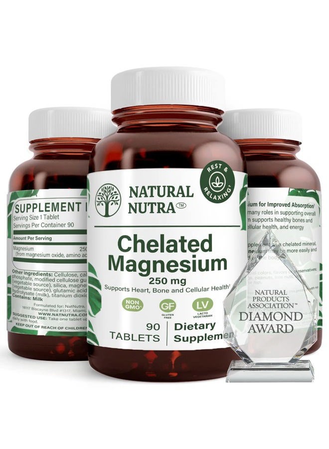 Natural Nutra Chelated Magnesium Oxide 250mg- High Absorption for Strong Bones, Heart Health, Improves Dental Health, Energy Boost, Gluten-Free, Non-GMO, 90Tablets in BPA-Free Recyclable Glass Bottles - Image 1
