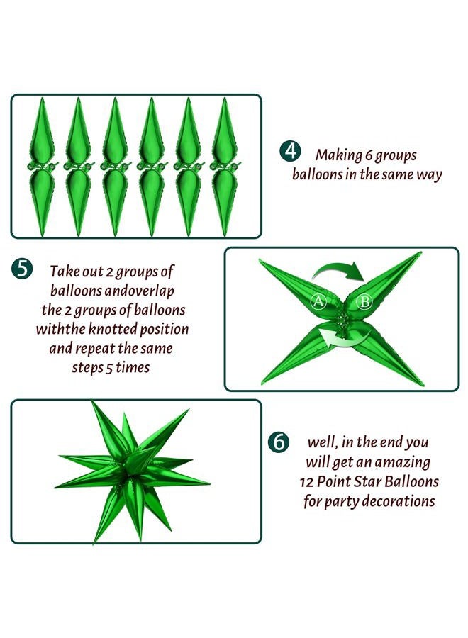 Moukiween 60 PCS Green Star Balloons, 12 Point Cone Explosion Star Foil Balloons for Christmas, Birthday, Wedding, St. Patrick's, Safari Jungle Decorations (Green) - Image 4