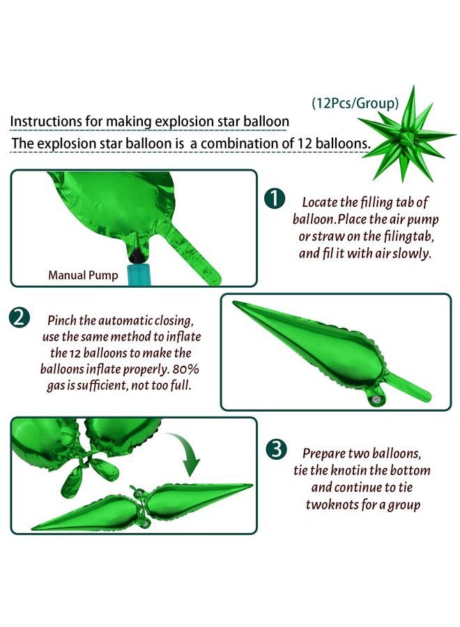Moukiween 60 PCS Green Star Balloons, 12 Point Cone Explosion Star Foil Balloons for Christmas, Birthday, Wedding, St. Patrick's, Safari Jungle Decorations (Green) - Image 3