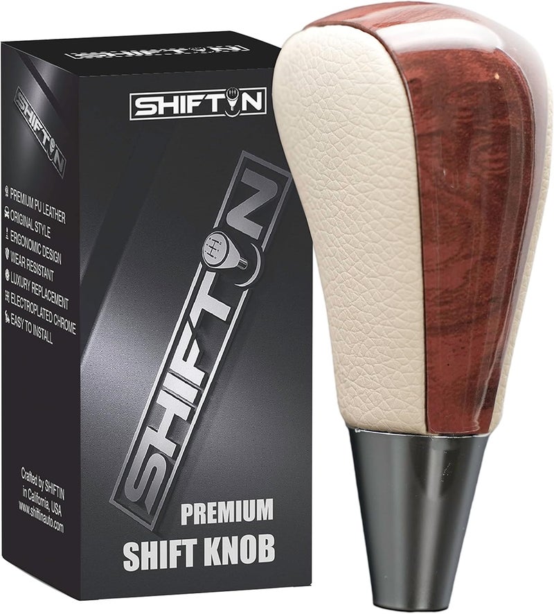 SHIFTIN Leather Wood Gear Shift Knob for Toyota Avalon Yaris 4Runner Land Cruiser Sienna Camry Solara Tacoma and Lexus ES300 ES330 GS300 GS400 GS430 SC300 SC400 (Tan Beige Leather/Walnut Wood) - Image 1